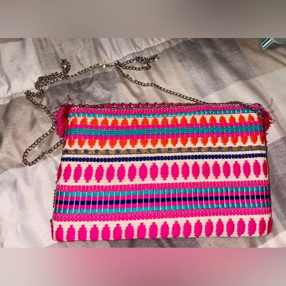 Express BoHo Rustic Pink Fringe Clutch Purse Beaded Ornamental - Picture 2 of 6